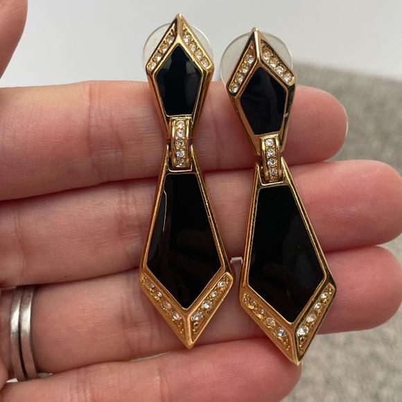 Dior Jewelry - Vintage Christian Dior Black Enamel and Crystal Earrings